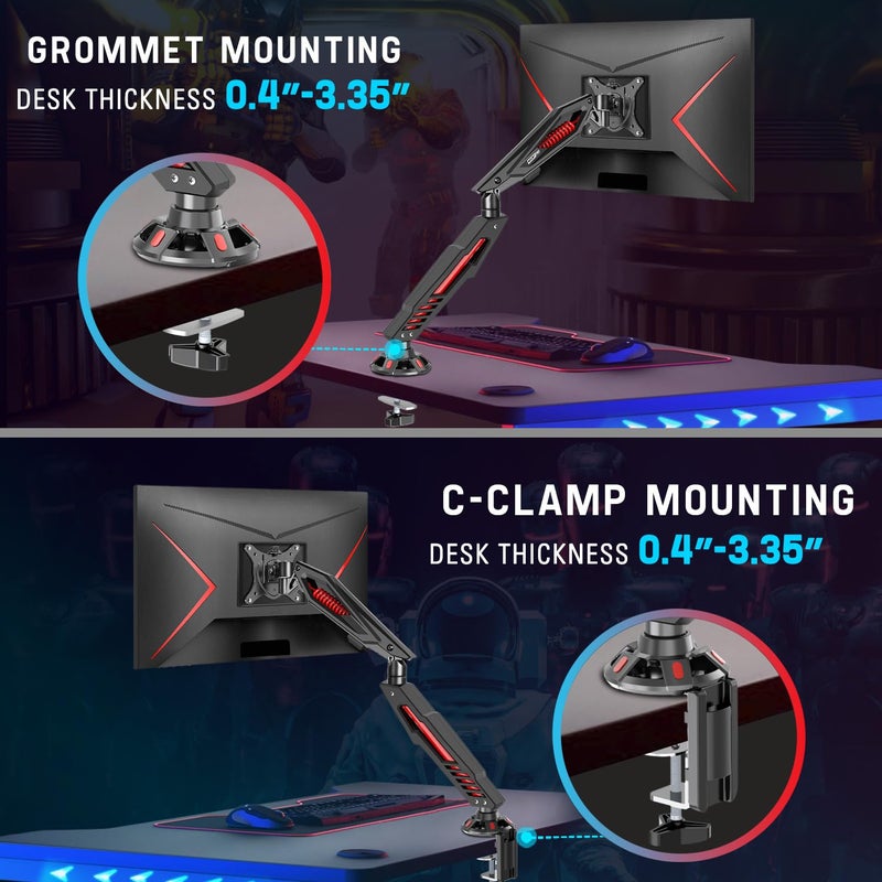 MOUNT PRO Single Gaming Monitor Stand - Mechanical Spring Display Mount, Adjustable Gaming Monitor Arm with C Clamp and Grommet Mounting Base - Fits for Computer Screen up to 32â€, VESA 75x75, 100x100 - Image 3